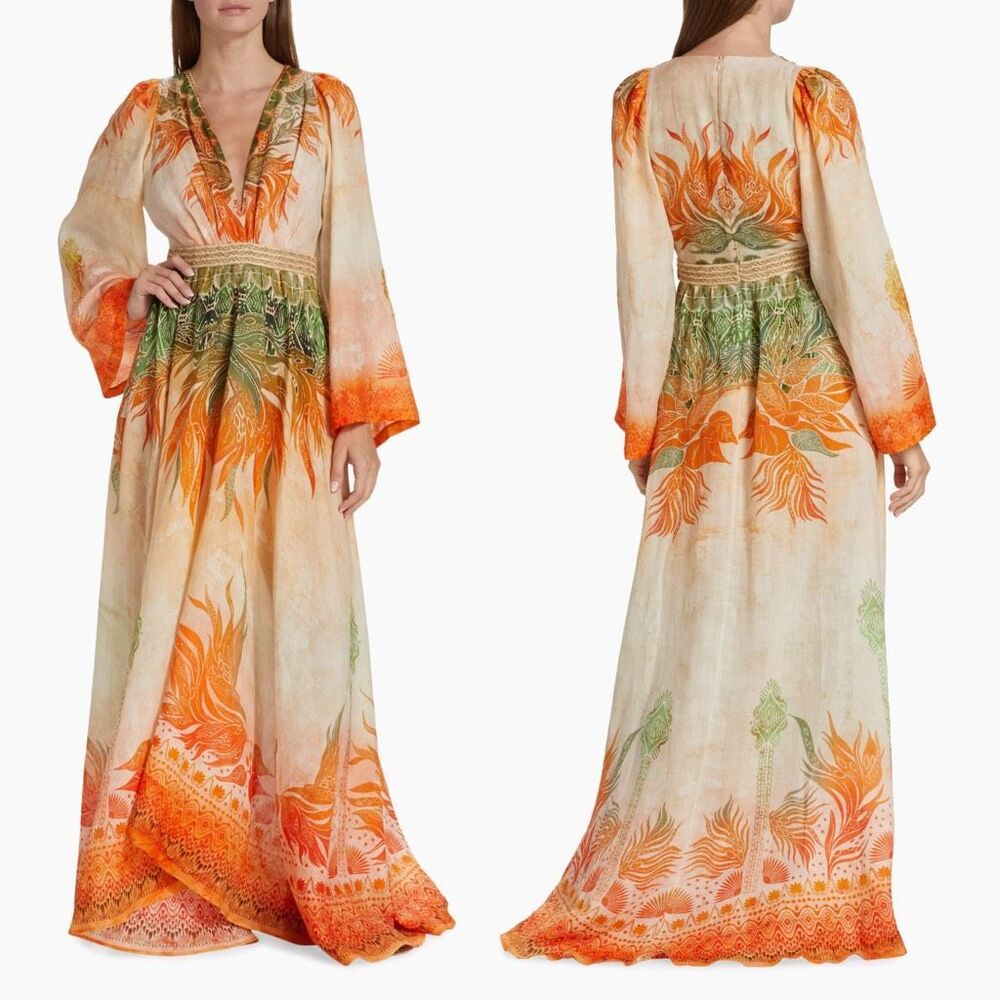 NWT Beatriz Camacho Raiz Mende Printed Flare Sleeve Maxi Dress Size 2 $995